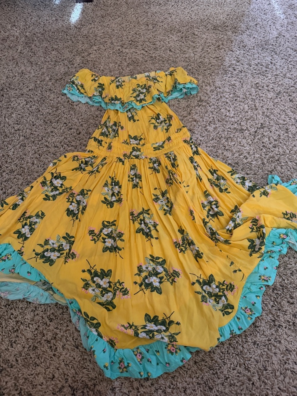 Matilda Jane Yellow Floral Off-Shoulder Dress with Turquoise Ruffle